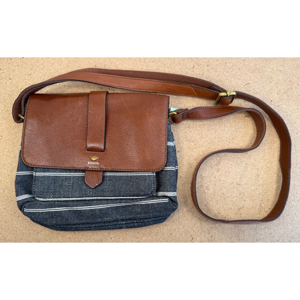 Fossil Kinley Crossbody Brown Gray Leather Denim Canvas Shoulder Bag Purse Key